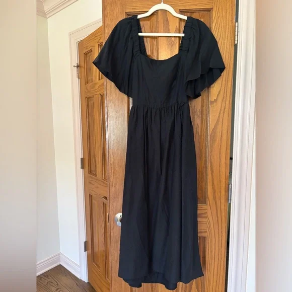 knee length dresses for ladies The Shay Plunge Front Embellished Maxi Dress With Flutter Sleeve (Black) |  Love Cherish main image 1